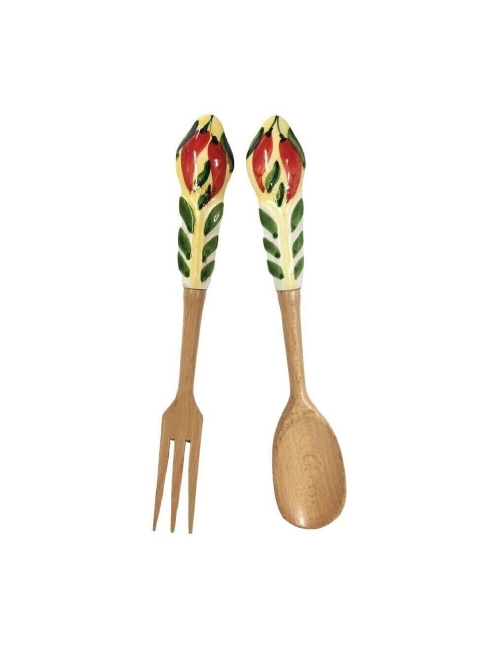 Orvieto Hand-Painted Red Chili Design Ceramic &  Wood Salad Serving Fork & Spoon